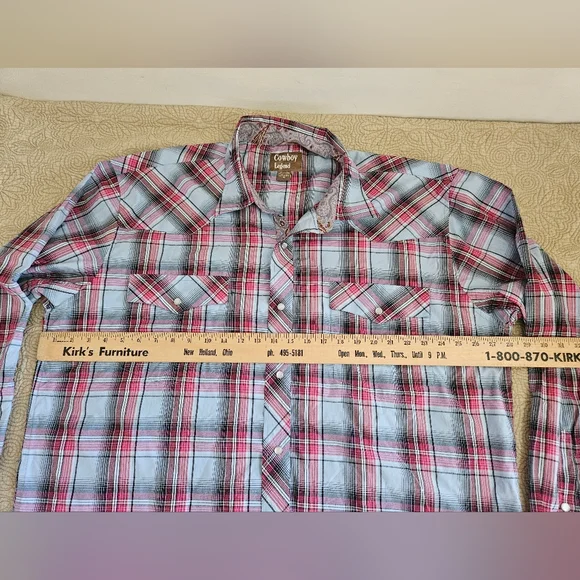 Cowboy Legend 3x mens western pearl snap, blue and pink plaid, long sleeve - Picture 4 of 6
